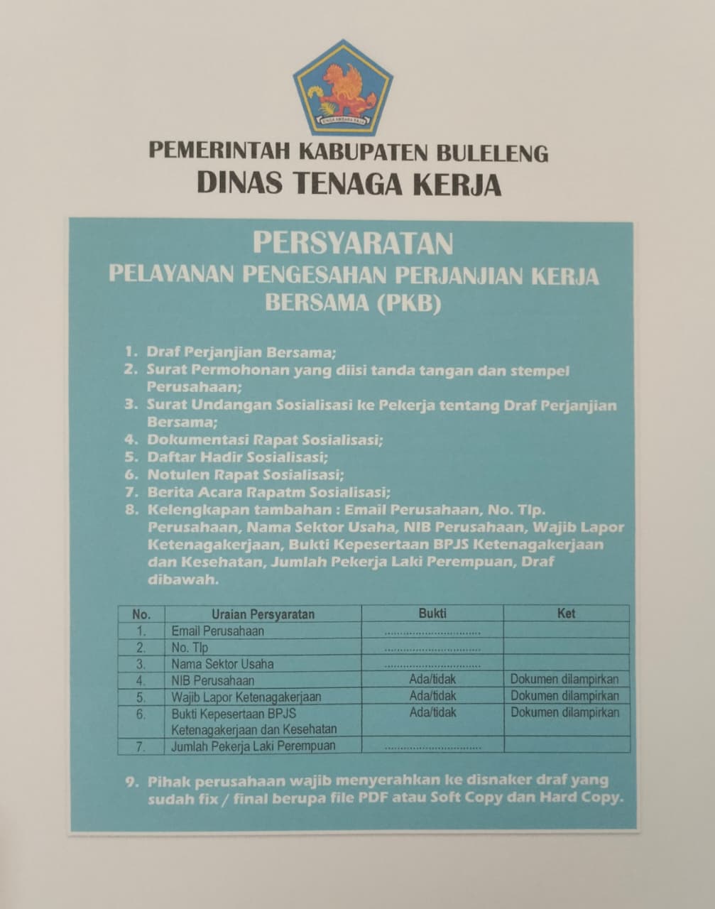 Persyaratan Pelayanan Pengesahaan Kerja Bersama (PKB)
